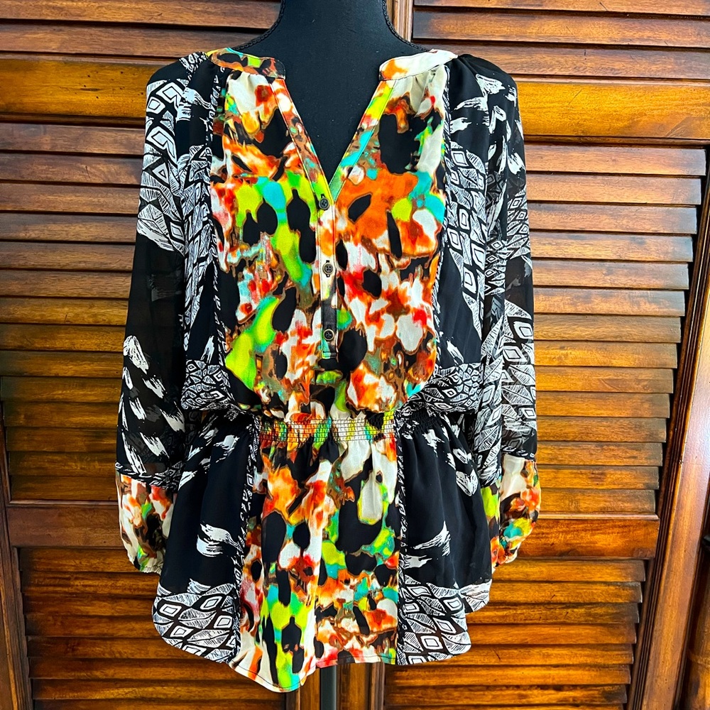 🌟NWT🌟Calvin Klein Colurful V-neck Lined Elastuc Cinch Waist Women’s Blouse SM